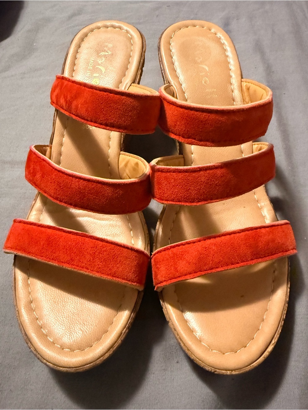 Women's Triple-Strap Red Suede Wedge Slide Sandals